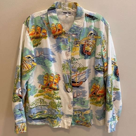 KATKUS linen blend boxy button up jacket with novelty sail boat print size M - Picture 1 of 12